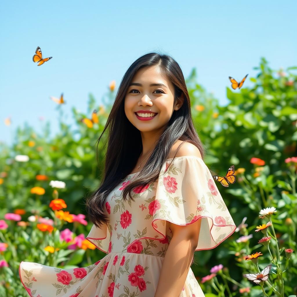 A beautiful and confident Asian woman standing in a lush green garden, wearing a flowing floral dress that billows gently in the breeze