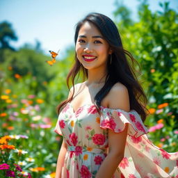 A beautiful and confident Asian woman standing in a lush green garden, wearing a flowing floral dress that billows gently in the breeze