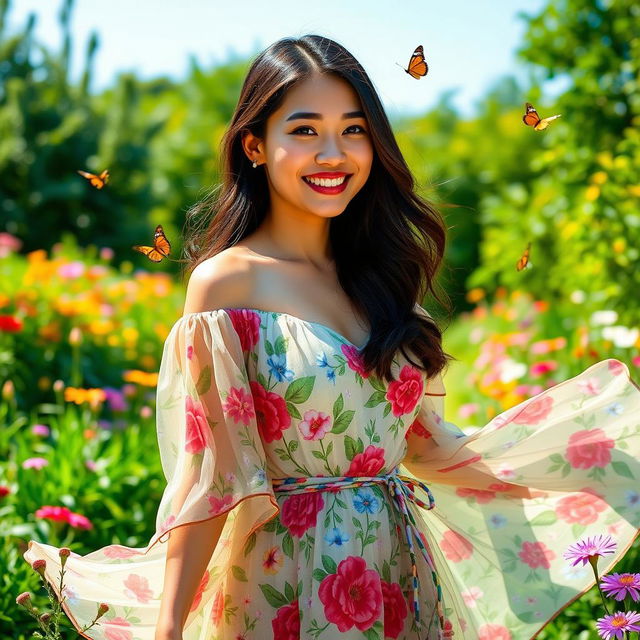 A beautiful and confident Asian woman standing in a lush green garden, wearing a flowing floral dress that billows gently in the breeze