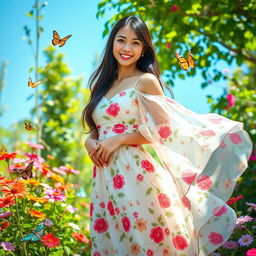 A beautiful and confident Asian woman standing in a lush green garden, wearing a flowing floral dress that billows gently in the breeze