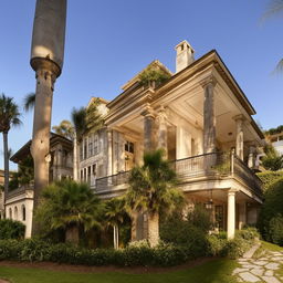 A large, old, two-story house with luxurious architecture and design