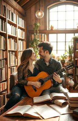 A romantic couple sitting closely together in a cozy library, surrounded by shelves filled with books