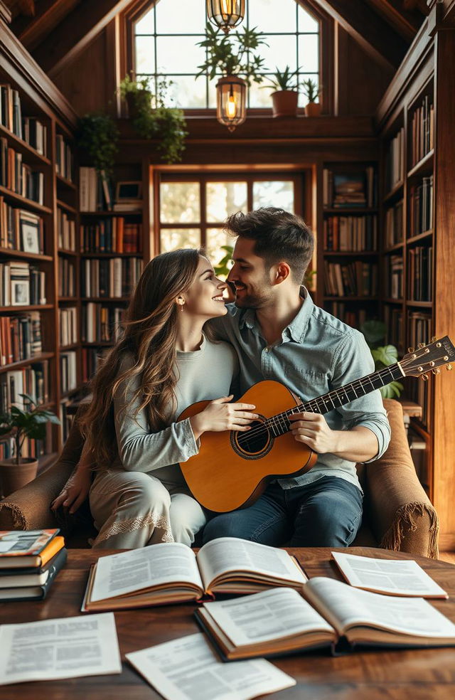 A romantic couple sitting closely together in a cozy library, surrounded by shelves filled with books