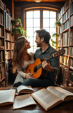 A romantic couple sitting closely together in a cozy library, surrounded by shelves filled with books