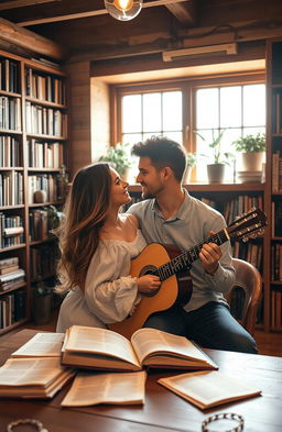 A romantic couple sitting closely together in a cozy library, surrounded by shelves filled with books
