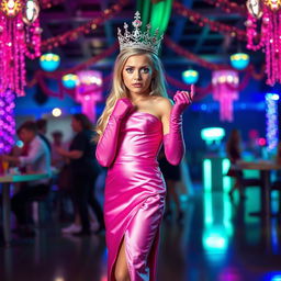 A stunning blonde girl with blue eyes dressed as a prom queen in a luxurious satin pink strapless gown with a split up the side, adorned with pink elbow-length gloves and complemented by pink heels