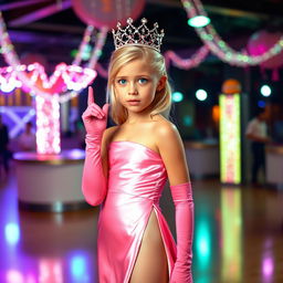 A stunning blonde girl with blue eyes dressed as a prom queen in a luxurious satin pink strapless gown with a split up the side, adorned with pink elbow-length gloves and complemented by pink heels