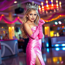 A stunning blonde girl with blue eyes dressed as a prom queen in a luxurious satin pink strapless gown with a split up the side, adorned with pink elbow-length gloves and complemented by pink heels