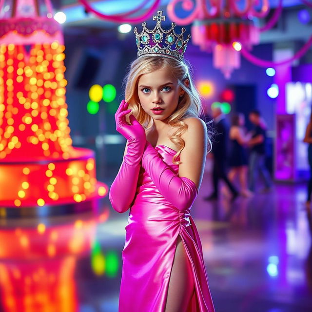 A stunning blonde girl with blue eyes dressed as a prom queen in a luxurious satin pink strapless gown with a split up the side, adorned with pink elbow-length gloves and complemented by pink heels