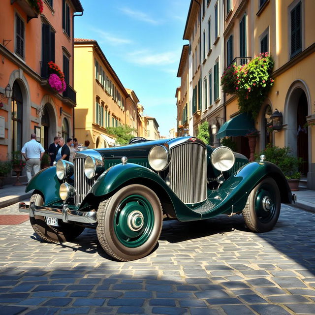 A classic 1930's Bentley vintage car parked on a picturesque cobblestone street in Italy, surrounded by charming old buildings with Italian architecture, beautiful potted plants, and vibrant flowers