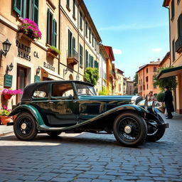 A classic 1930's Bentley vintage car parked on a picturesque cobblestone street in Italy, surrounded by charming old buildings with Italian architecture, beautiful potted plants, and vibrant flowers