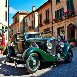 A classic 1930's Bentley vintage car parked on a picturesque cobblestone street in Italy, surrounded by charming old buildings with Italian architecture, beautiful potted plants, and vibrant flowers