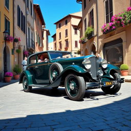 A classic 1930's Bentley vintage car parked on a picturesque cobblestone street in Italy, surrounded by charming old buildings with Italian architecture, beautiful potted plants, and vibrant flowers
