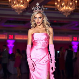 A blonde prom queen with blue eyes, wearing a stunning satin pink strapless prom gown split up the side, showcasing stylish pink stockings