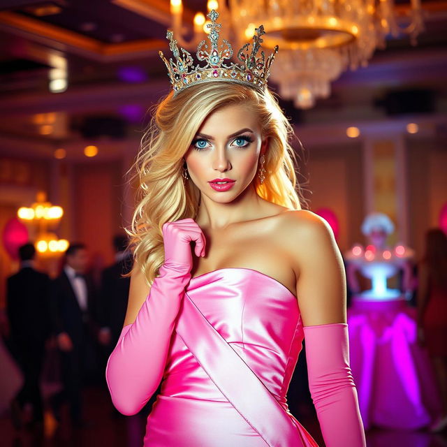 A blonde prom queen with blue eyes, wearing a stunning satin pink strapless prom gown split up the side, showcasing stylish pink stockings