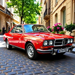A beautifully restored Lancia Gamma in a vibrant red color, parked on a cobblestone street in a charming European city