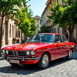 A beautifully restored Lancia Gamma in a vibrant red color, parked on a cobblestone street in a charming European city