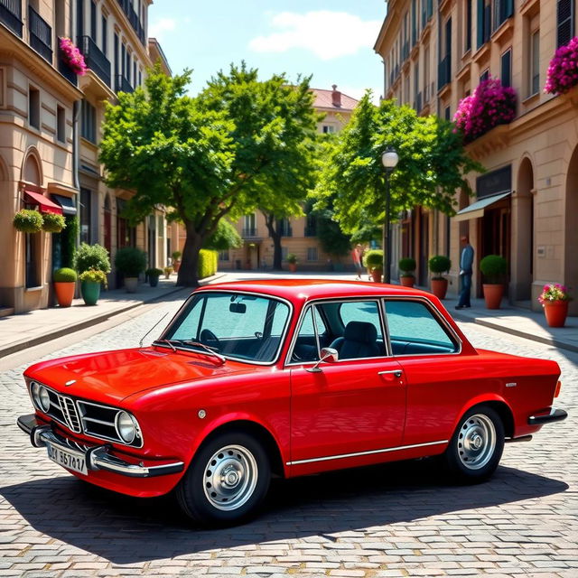 A beautifully restored Lancia Gamma in a vibrant red color, parked on a cobblestone street in a charming European city