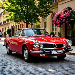 A beautifully restored Lancia Gamma in a vibrant red color, parked on a cobblestone street in a charming European city