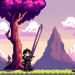 Pixel art profile picture featuring a standalone sword with no people, set against a fantasy background.