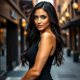 A sensual model inspired by Megan Fox, featuring long dark hair, sultry green eyes, and full lips