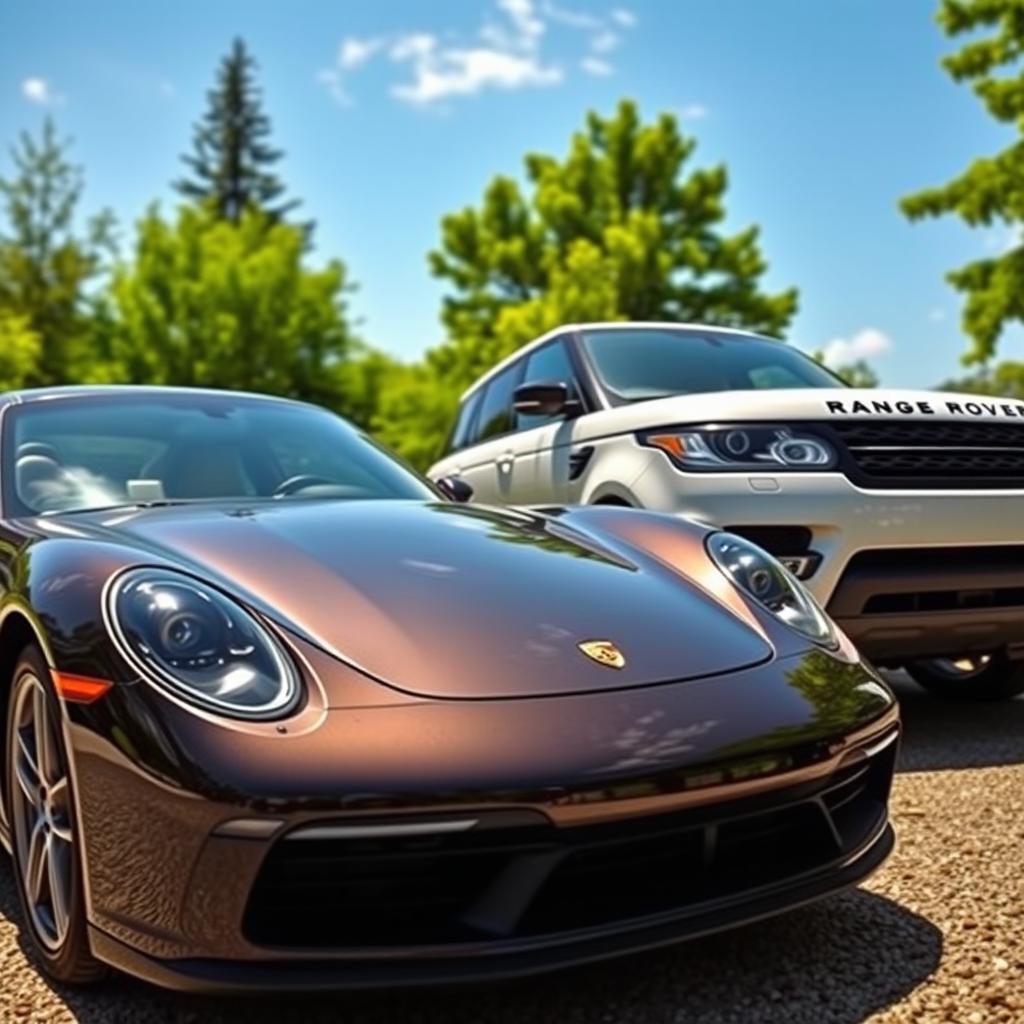 A sleek, modern Porsche vehicle parked next to a luxurious Range Rover in a beautiful natural setting