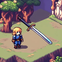 Pixel art profile picture featuring a standalone sword with no people, set against a fantasy background.