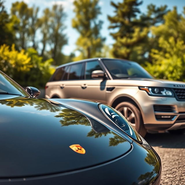 A sleek, modern Porsche vehicle parked next to a luxurious Range Rover in a beautiful natural setting