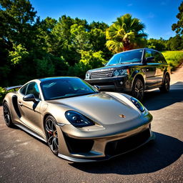 A sleek, modern Porsche vehicle parked next to a luxurious Range Rover in a beautiful natural setting