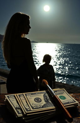 A captivating scene set during moonlight in Puerto Vallarta Bay, showcasing a striking silhouette of a blonde woman