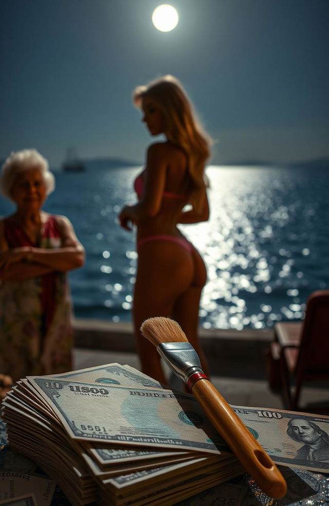 A captivating scene set during moonlight in Puerto Vallarta Bay, showcasing a striking silhouette of a blonde woman