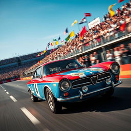 A high-speed race scene featuring a classic Lancia Fulvia, a beautifully designed vintage car known for its sleek lines and vibrant racing colors