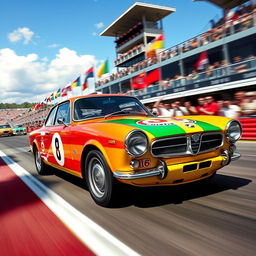 A high-speed race scene featuring a classic Lancia Fulvia, a beautifully designed vintage car known for its sleek lines and vibrant racing colors