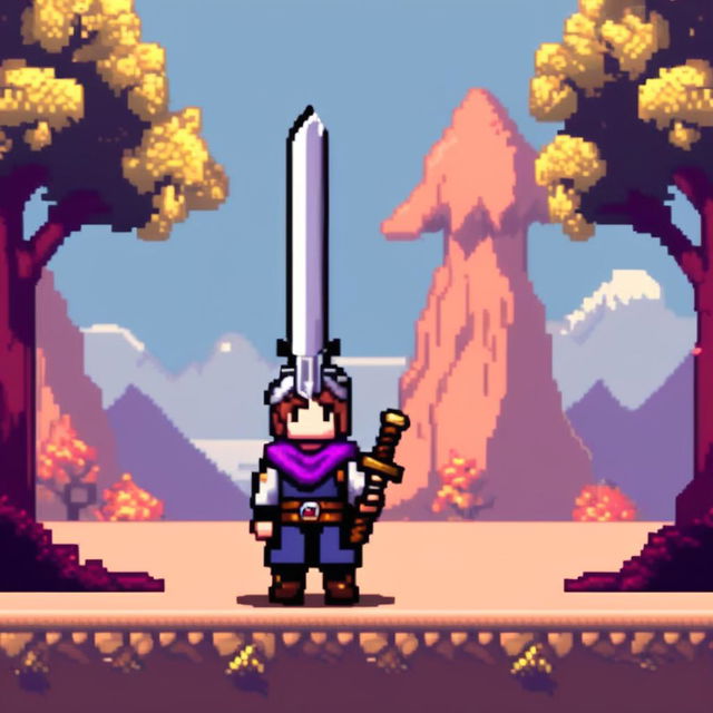 Pixel art profile picture featuring a standalone sword with no people, set against a fantasy background.