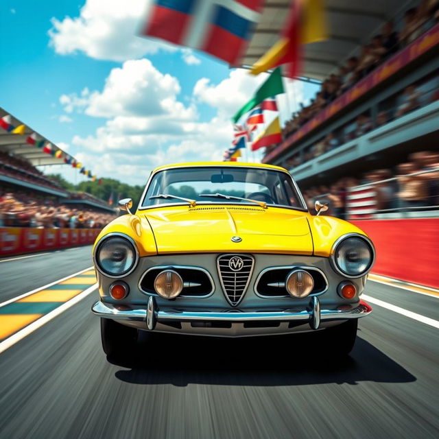 A high-speed race scene featuring a classic Lancia Fulvia, a beautifully designed vintage car known for its sleek lines and vibrant racing colors