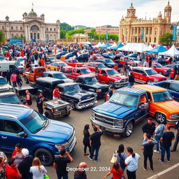 A vibrant automotive event featuring modified trucks and pickups, showcasing a diverse lineup of customized vehicles