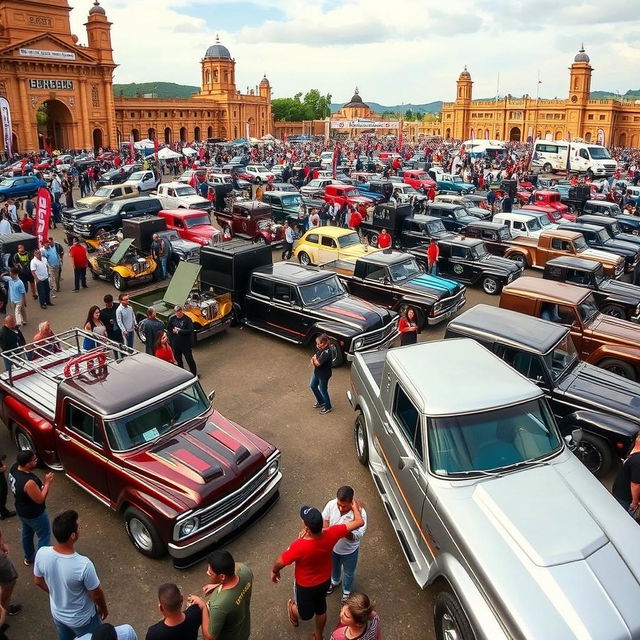 A vibrant automotive event featuring modified trucks and pickups, showcasing a diverse lineup of customized vehicles