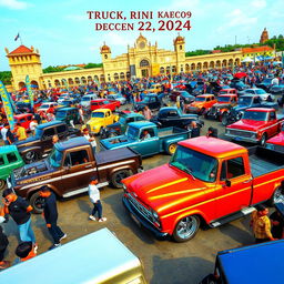 A vibrant automotive event featuring modified trucks and pickups, showcasing a diverse lineup of customized vehicles