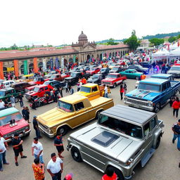A vibrant automotive event featuring modified trucks and pickups, showcasing a diverse lineup of customized vehicles