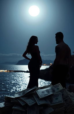 A beautiful moonlit scene over Puerto Vallarta Bay, featuring the silhouette of a blonde woman dressed elegantly standing near a pile of US dollars
