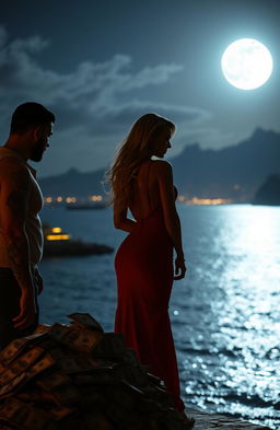 A beautiful moonlit scene over Puerto Vallarta Bay, featuring the silhouette of a blonde woman dressed elegantly standing near a pile of US dollars