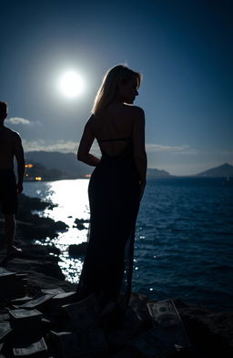 A beautiful moonlit scene over Puerto Vallarta Bay, featuring the silhouette of a blonde woman dressed elegantly standing near a pile of US dollars