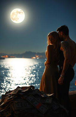 A beautiful moonlit scene over Puerto Vallarta Bay, featuring the silhouette of a blonde woman dressed elegantly standing near a pile of US dollars