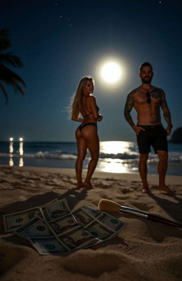 A stunning silhouette of a blonde woman standing on the shore of Puerto Vallarta Bay under moonlight