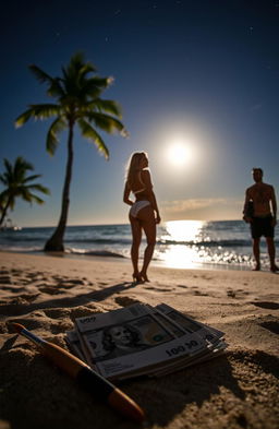 A stunning silhouette of a blonde woman standing on the shore of Puerto Vallarta Bay under moonlight