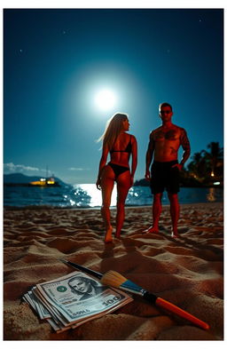 A stunning silhouette of a blonde woman standing on the shore of Puerto Vallarta Bay under moonlight