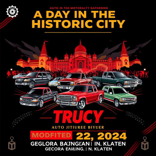 An engaging event poster for an automotive modifier gathering focused on modified trucks and pickups, titled 'A Day in the Historic City'