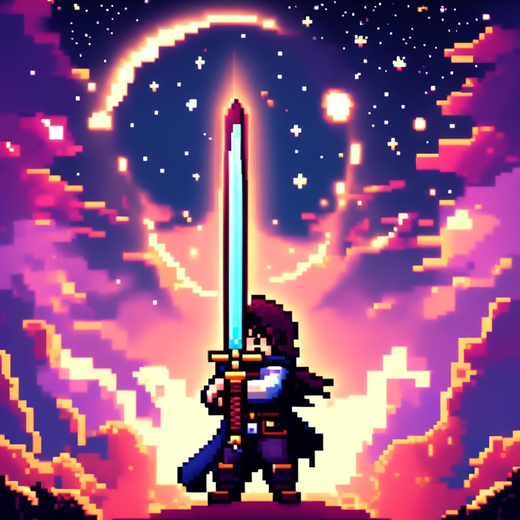 Pixel art profile picture featuring a standalone sword with no people, set against a cosmic background filled with stars, nebulas, and distant galaxies