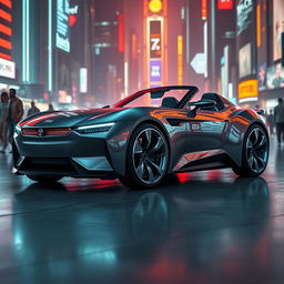 A realistic design of a futuristic Triumph TR3, featuring sleek aerodynamic lines, a high-tech body made of lightweight materials with a shiny metallic finish, advanced LED headlights, and futuristic alloy wheels