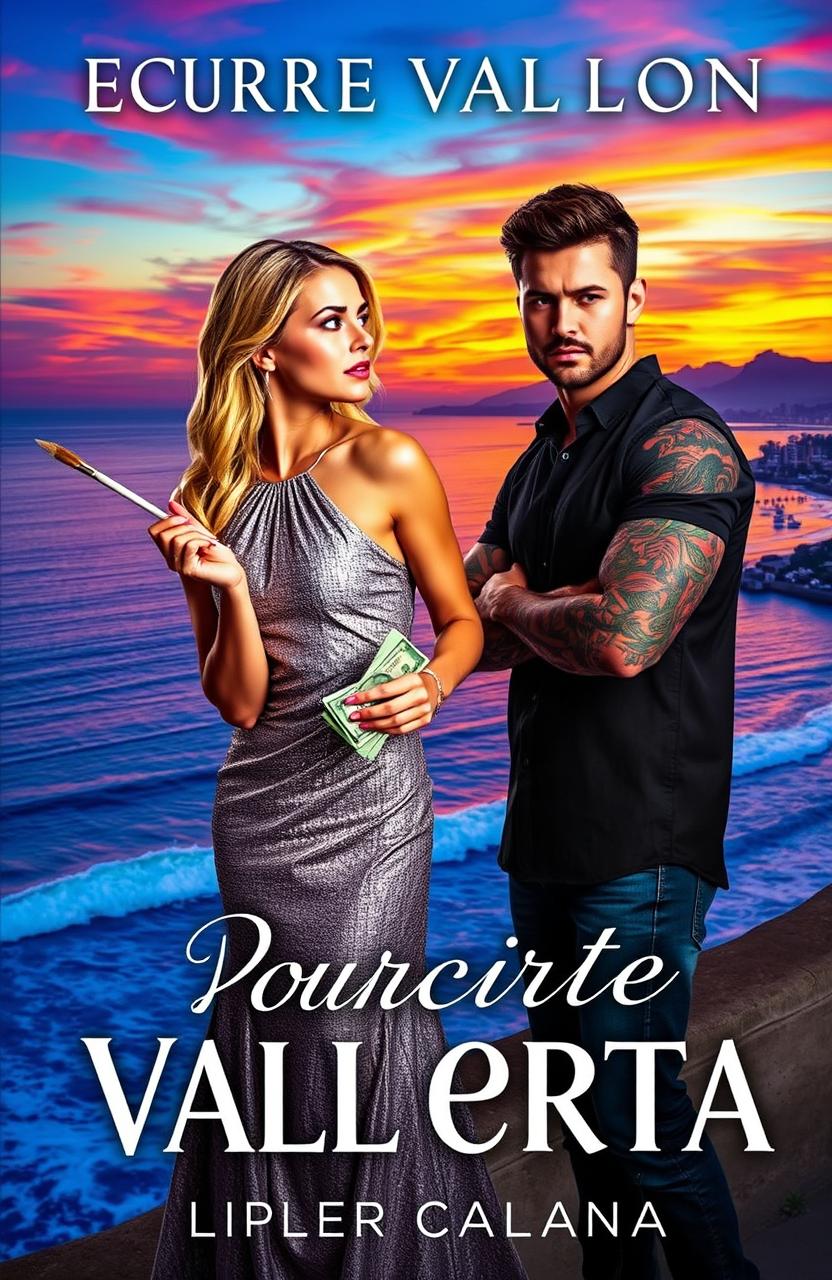 A stunning book cover depicting a vibrant sunset over Puerto Vallarta Bay, featuring a blonde woman dressed in a shimmering silver dress looking away thoughtfully